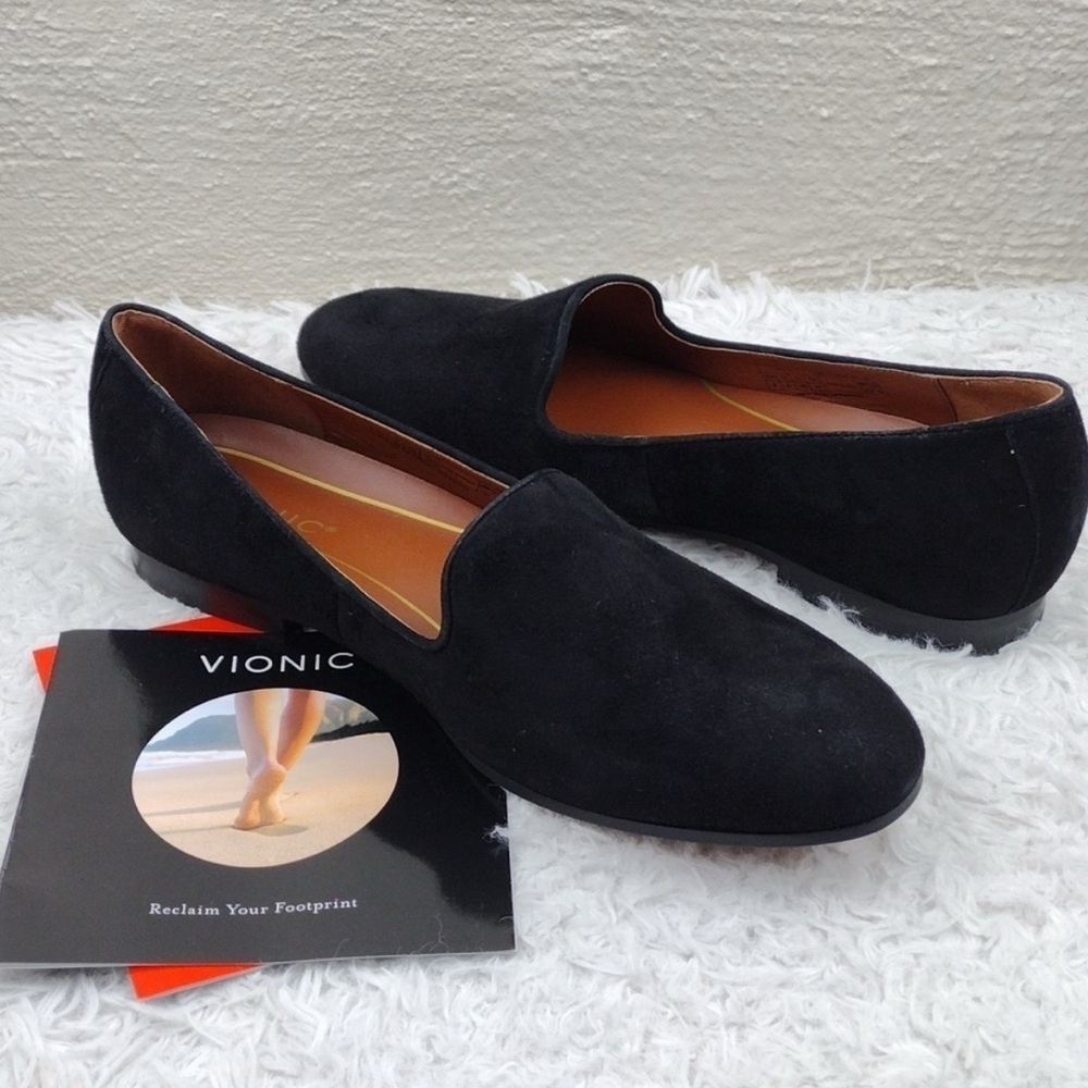 Vionic Willa Black Suede Leather Almond Toe Low Heel Slip On Luxury Loafer Shoe